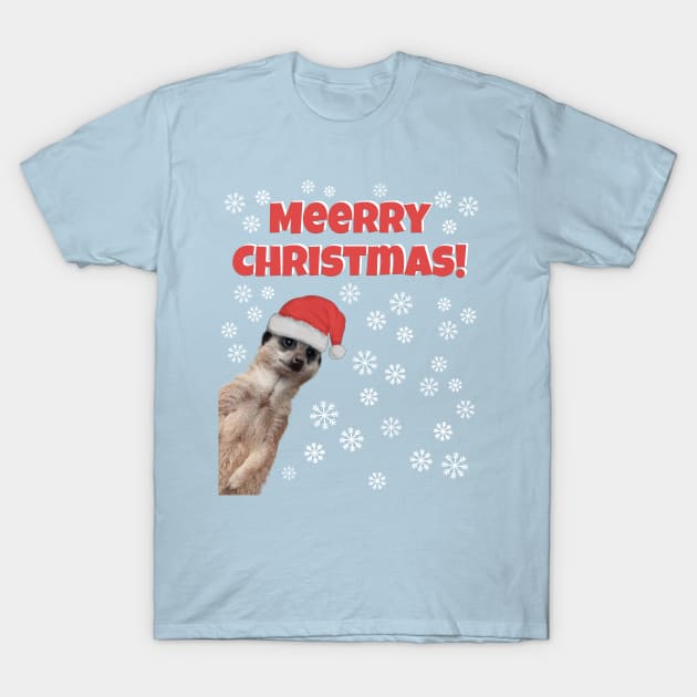 Merry Christmas (Meerry) -Cute Meerkat in Christmas hat with snowflakes T-Shirt by Off the Page